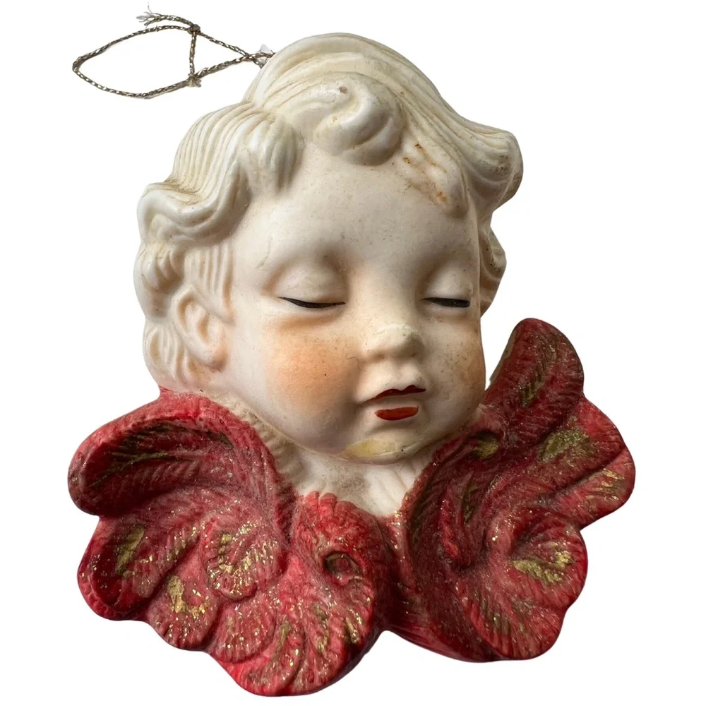 Two Vintage Christmas Cherub Angel Ornament Bisque Porcelain